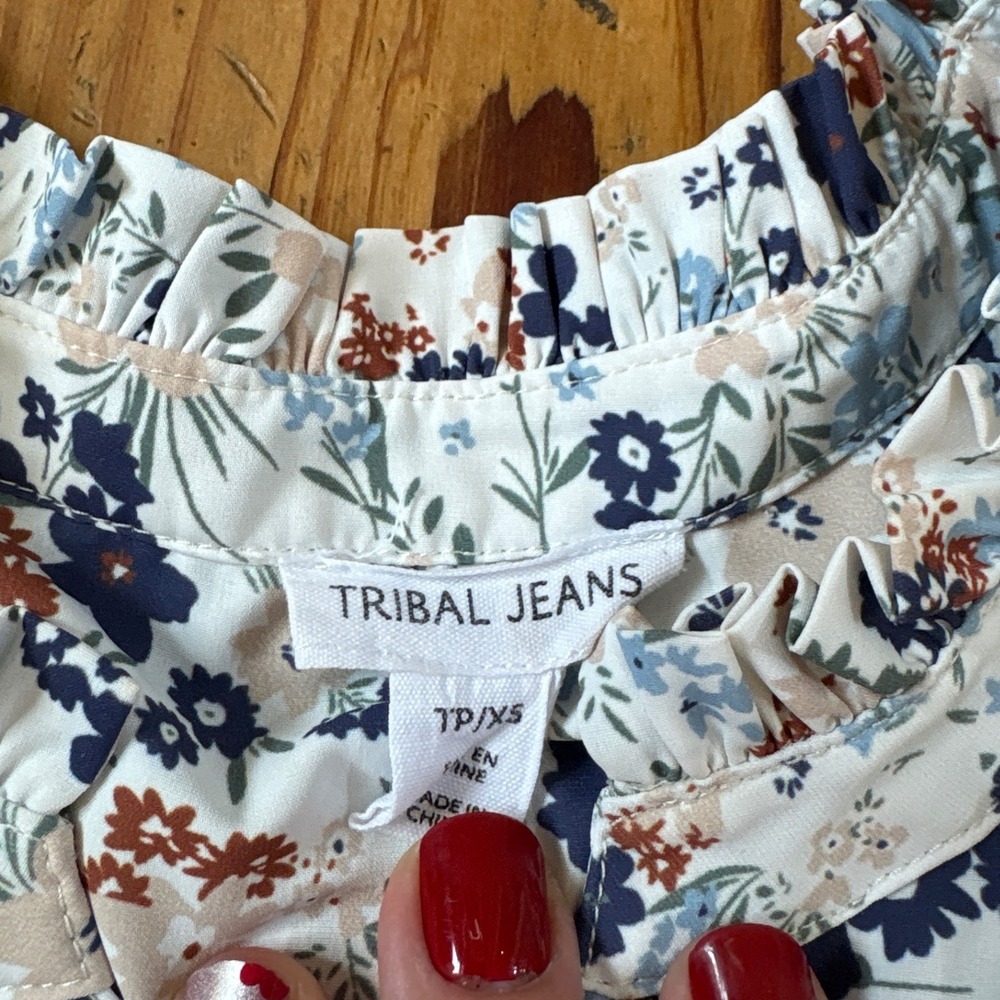 Tribal Jeans Floral Patchwork Blouse Women Blue Boho Ruffle Top SIZE XS - Picture 5 of 6